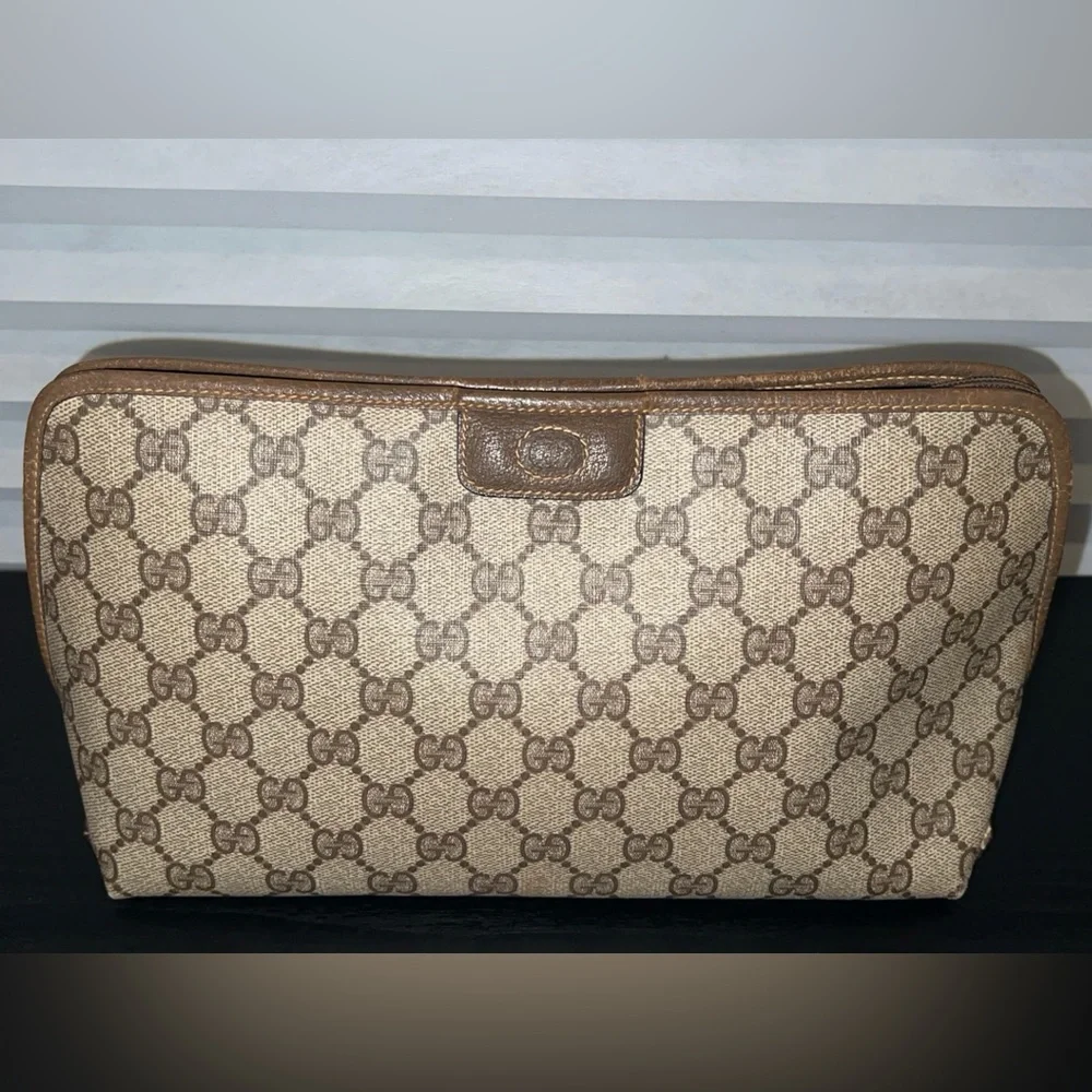 GUCCI Vintage Beige and Brown Canvas Monogram Clutch